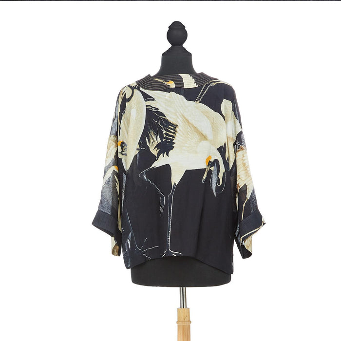 Design Shop Heron Print Black Short Kimono