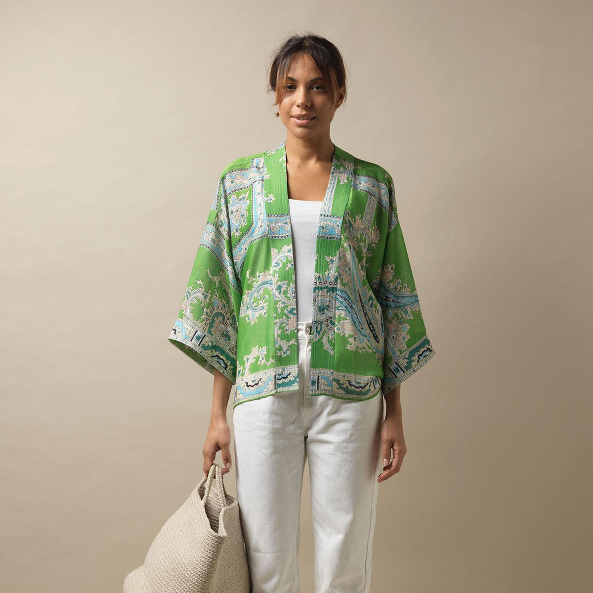 Design Shop Handkerchief Print Green Short Kimono