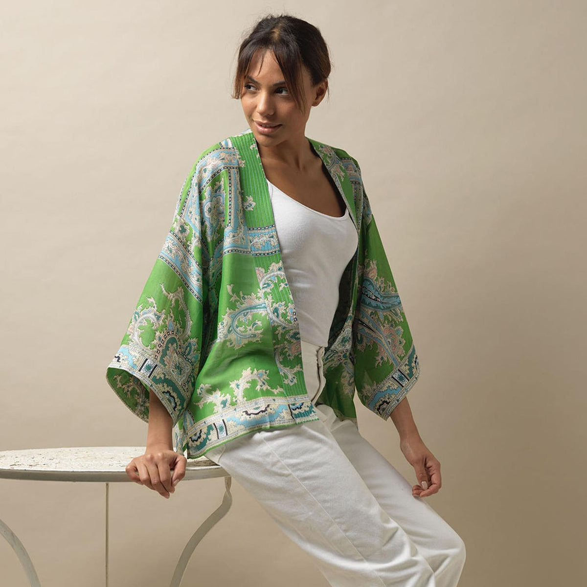 Design Shop Handkerchief Print Green Short Kimono