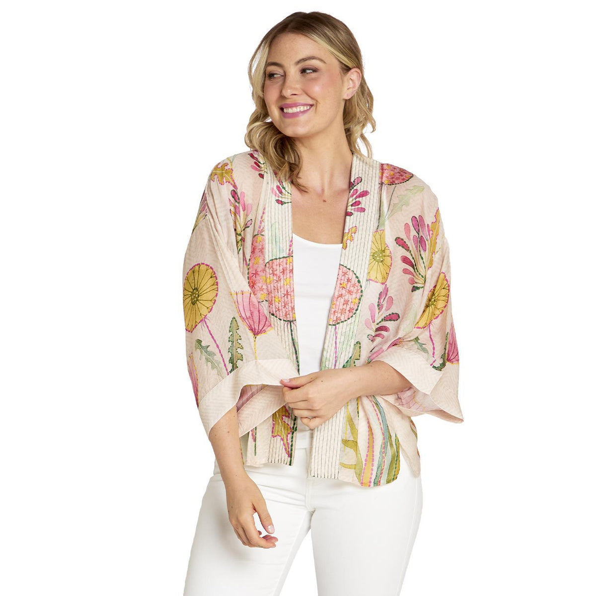 Design Shop Pop Flowers Pink Short Kimono - Viscose/Modal