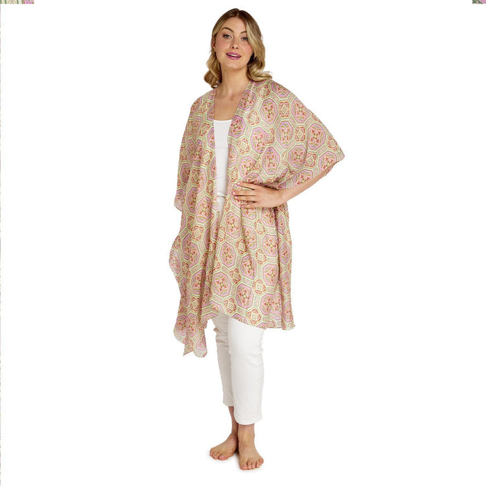 Design Shop Vintage Tiles Pink Long Kimono - Viscose/Modal