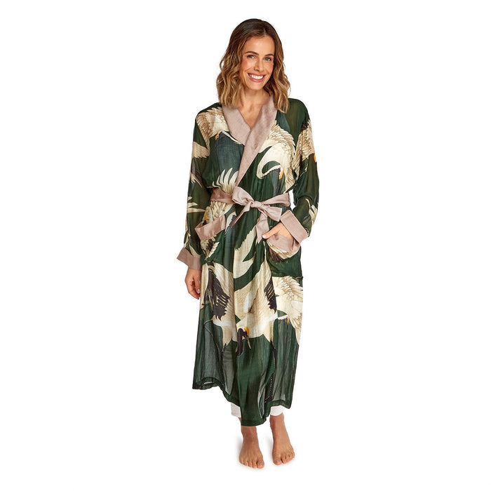 Design Shop Heron Print Forest Green Robe Gown w/Removable Waist Tie Closure - Viscose/Modal