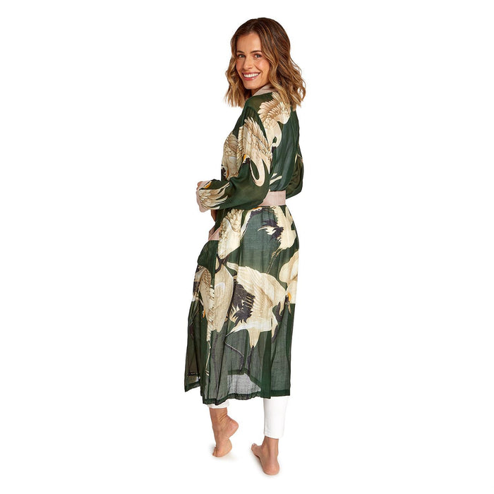 Design Shop Heron Print Forest Green Robe Gown w/Removable Waist Tie Closure - Viscose/Modal