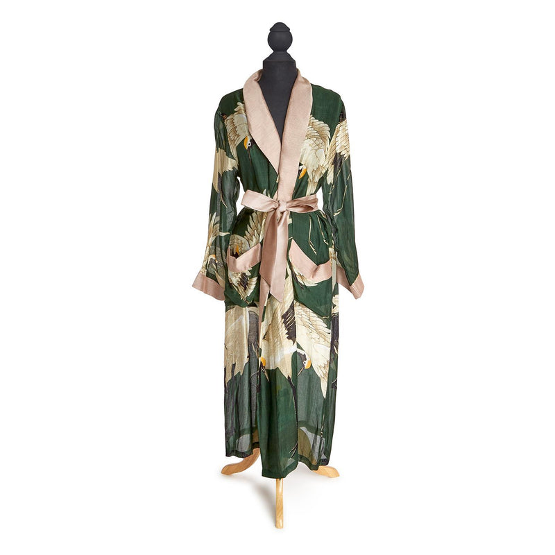 Design Shop Heron Print Forest Green Robe Gown w/Removable Waist Tie Closure - Viscose/Modal