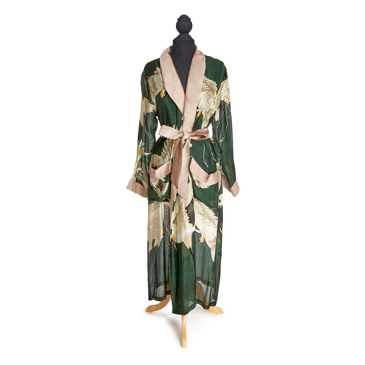 Design Shop Heron Print Forest Green Robe Gown w/Removable Waist Tie Closure - Viscose/Modal