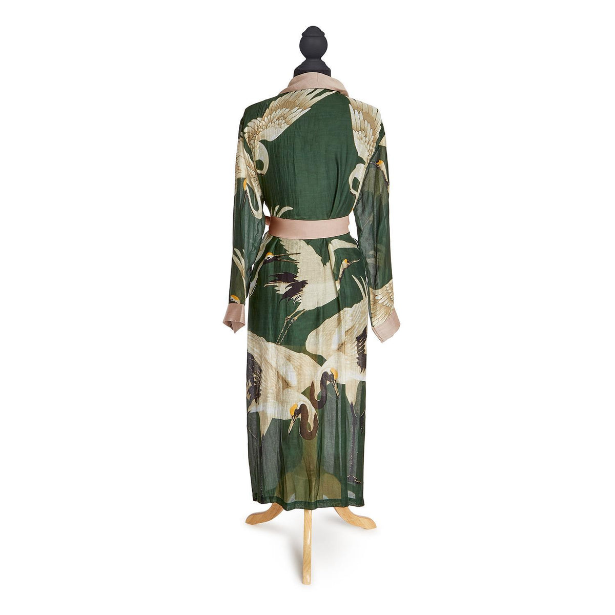 Design Shop Heron Print Forest Green Robe Gown w/Removable Waist Tie Closure - Viscose/Modal