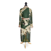 Design Shop Heron Print Forest Green Robe Gown w/Removable Waist Tie Closure - Viscose/Modal