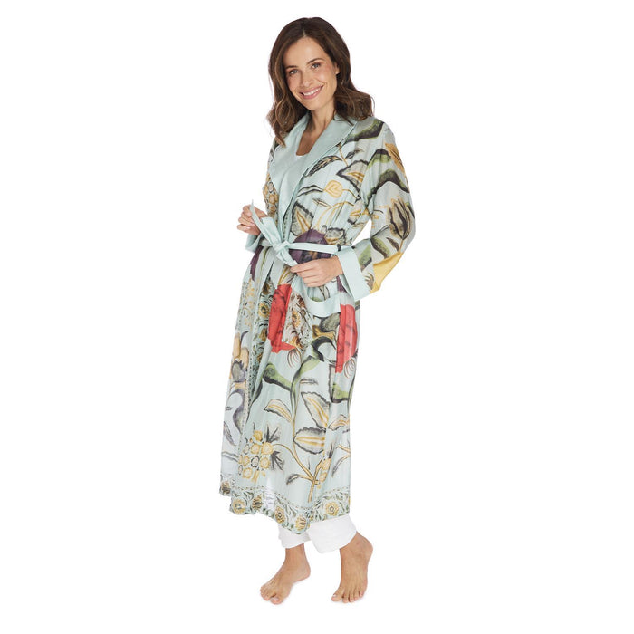 Design Shop Joy Print Aqua Robe Gown w/Removable Waist Tie Closure - Viscose/Modal