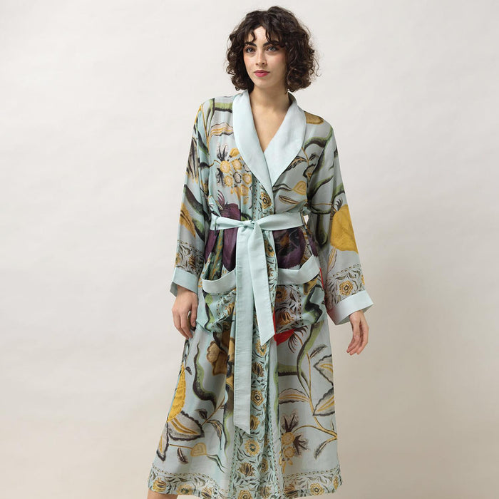 Design Shop Joy Print Aqua Robe Gown w/Removable Waist Tie Closure - Viscose/Modal