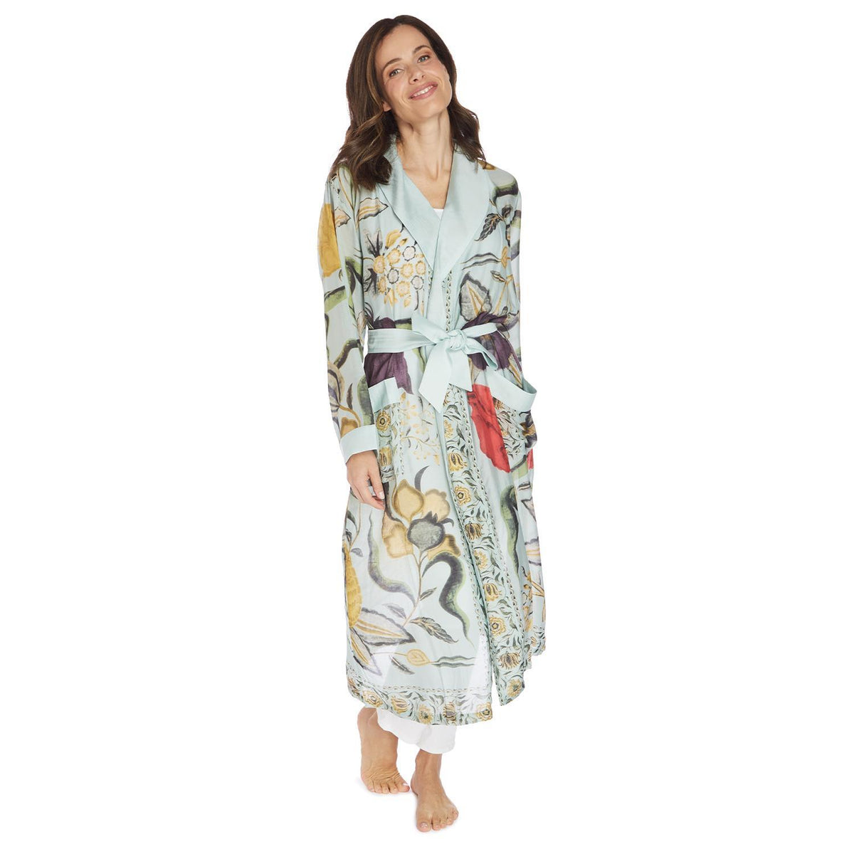 Design Shop Joy Print Aqua Robe Gown w/Removable Waist Tie Closure - Viscose/Modal