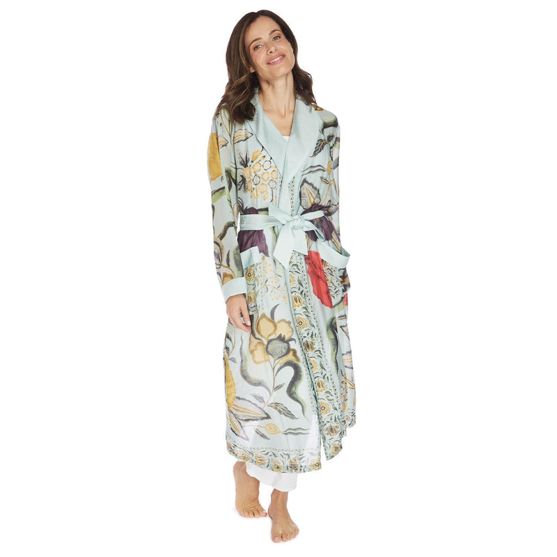 Design Shop Joy Print Aqua Robe Gown w/Removable Waist Tie Closure - Viscose/Modal