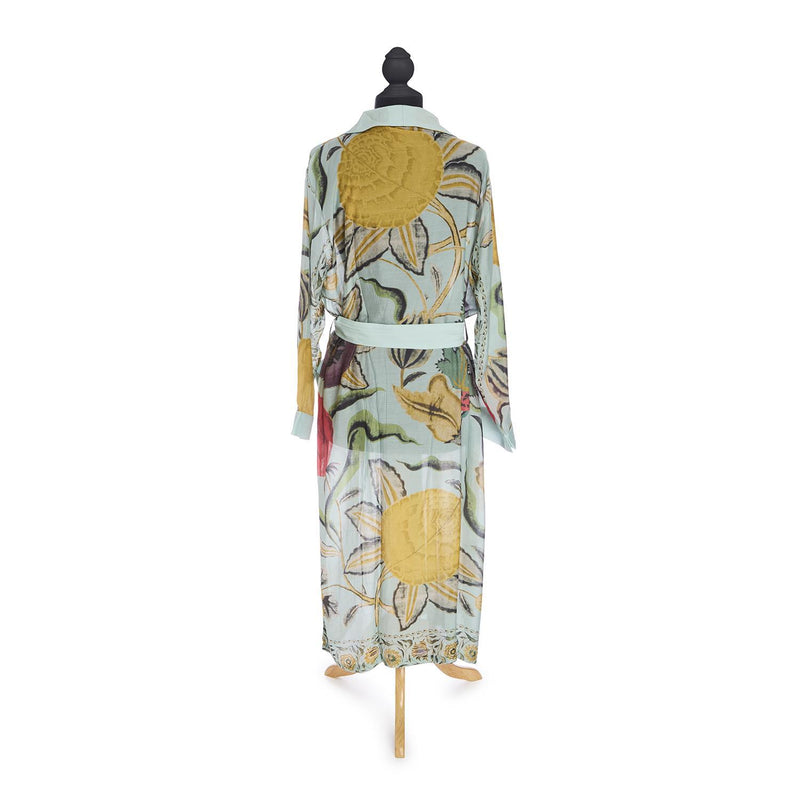 Design Shop Joy Print Aqua Robe Gown w/Removable Waist Tie Closure - Viscose/Modal