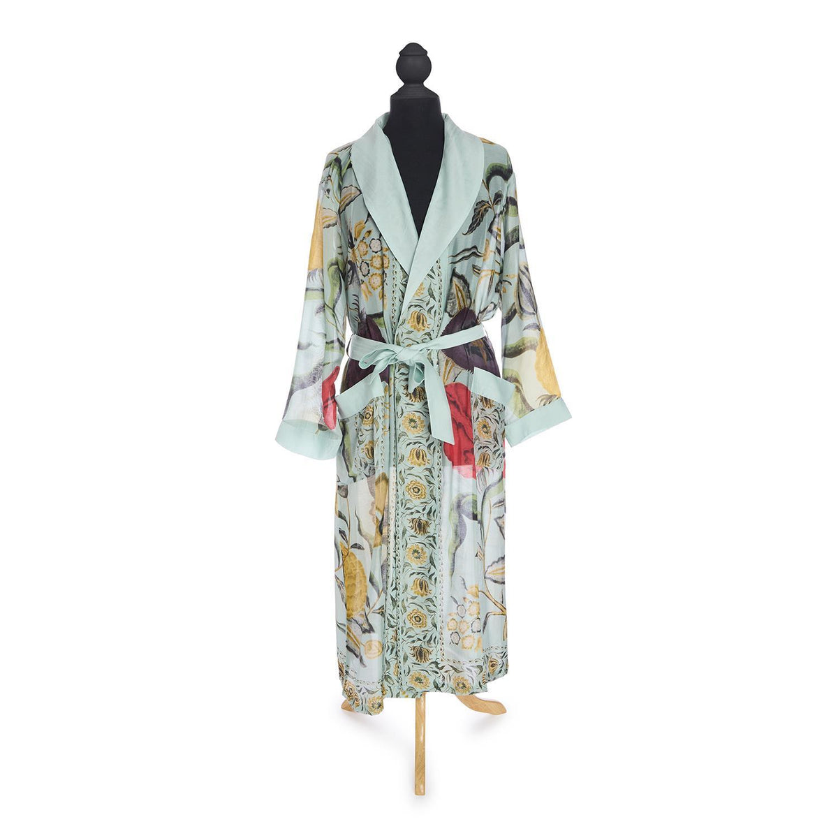 Design Shop Joy Print Aqua Robe Gown w/Removable Waist Tie Closure - Viscose/Modal