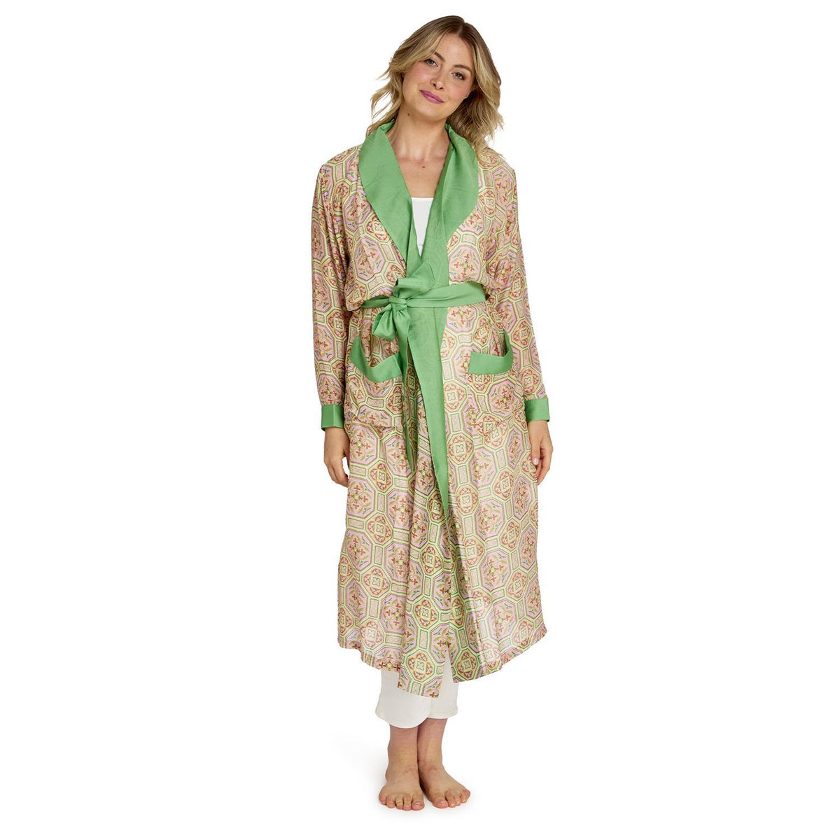 Design Shop Vintage Tiles Pink Robe Gown w/Removable Waist Tie Closure - Viscose/Modal