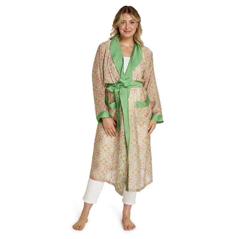 Design Shop Vintage Tiles Pink Robe Gown w/Removable Waist Tie Closure - Viscose/Modal