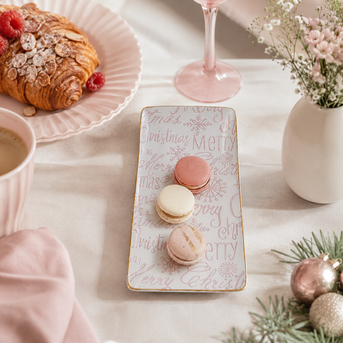Design Shop Merry Christmas Stoneware Tray with Gold Rim, Pink and White