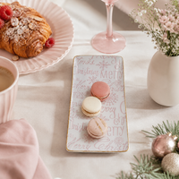 Design Shop Merry Christmas Stoneware Tray with Gold Rim, Pink and White