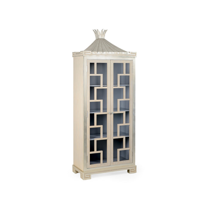 Decorative cabinet with geometric glass design on a white background