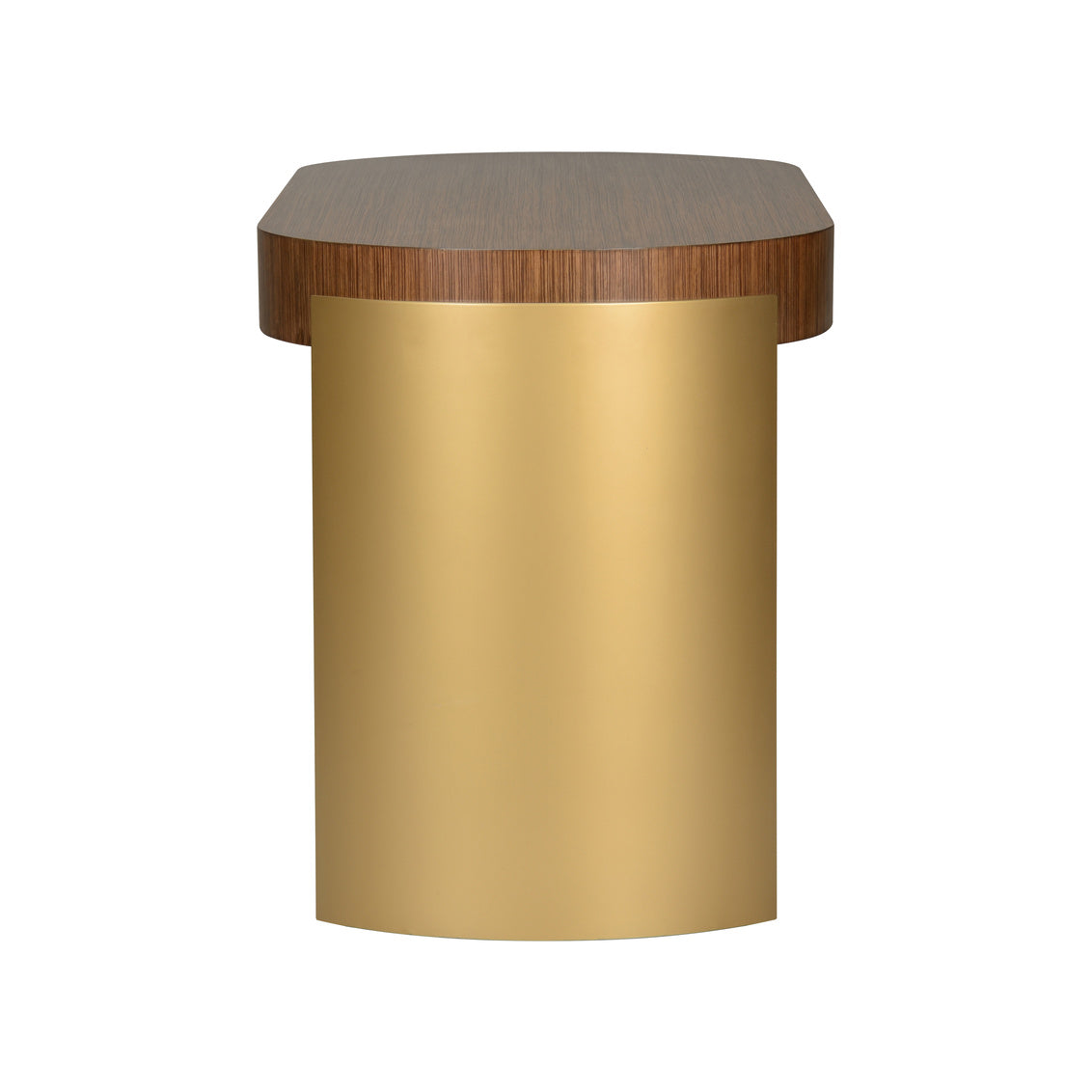Small round table with wooden top and gold cylindrical base on a white background