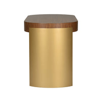 Small round table with wooden top and gold cylindrical base on a white background