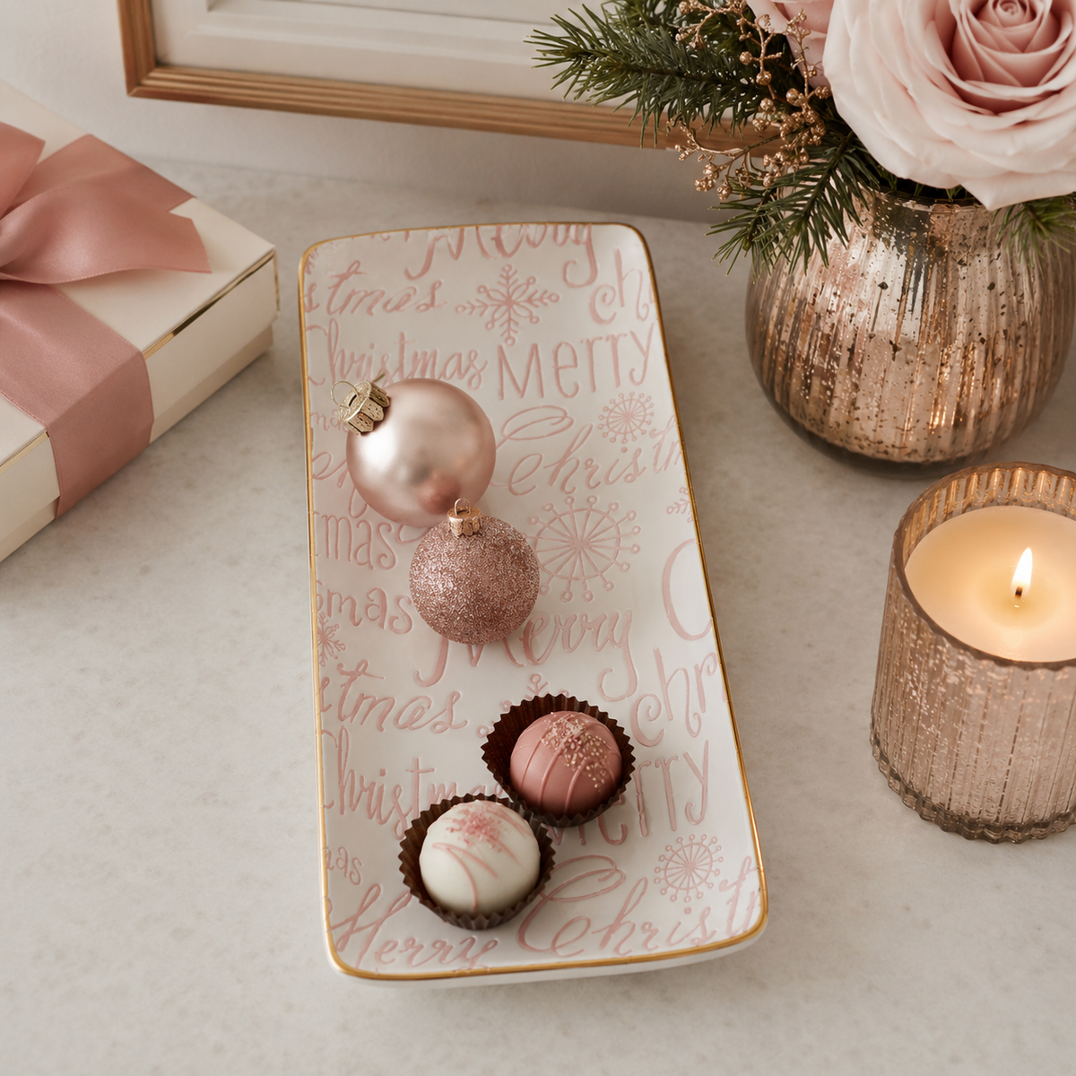 Design Shop Merry Christmas Stoneware Tray with Gold Rim, Pink and White