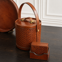 Design Shop Tan Leather Basket Weave Ice Bucket with Tongs 9"
