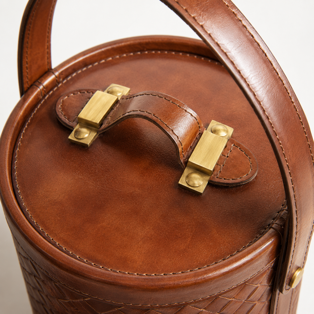 Design Shop Tan Leather Basket Weave Ice Bucket with Tongs 9"