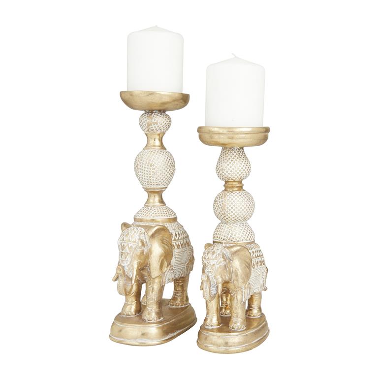 White Polystone Elephant Candle Holder With Whitewash Finish, Set Of 2 13", 11"H