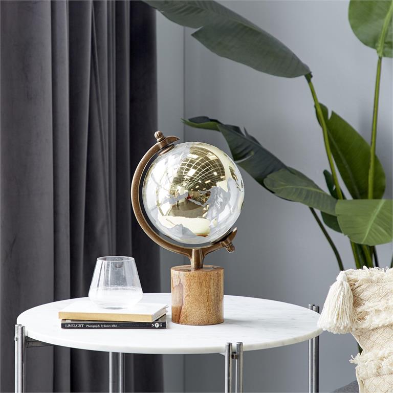 Design Shop  Gold Wood Globe w/ Brown Base
