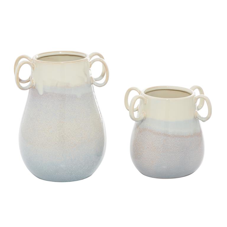 White Ceramic Vase With Handles, Set Of 2 12", 8"H