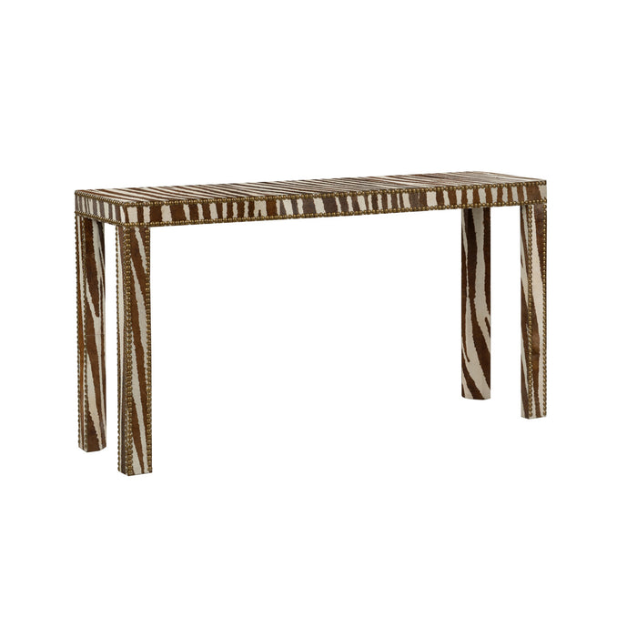 Console table with zebra print legs on a white background
