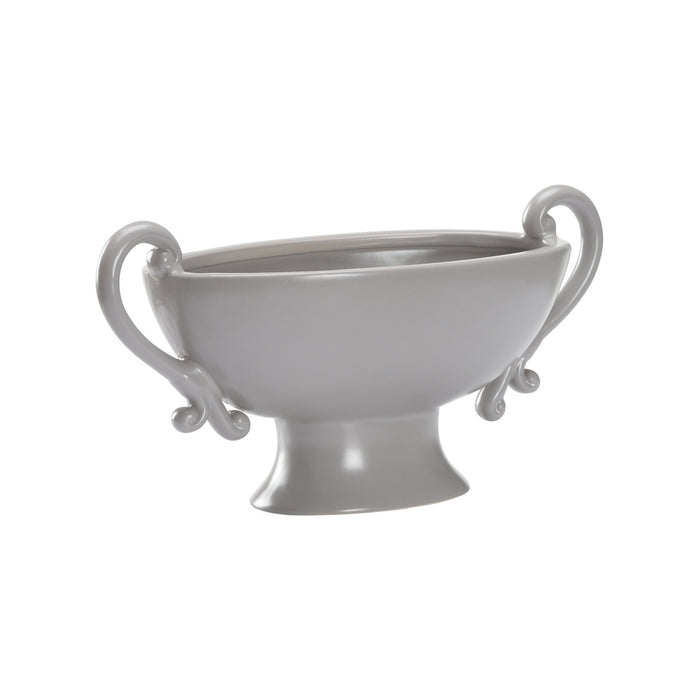 Gray ceramic footed bowl with handles on a white background