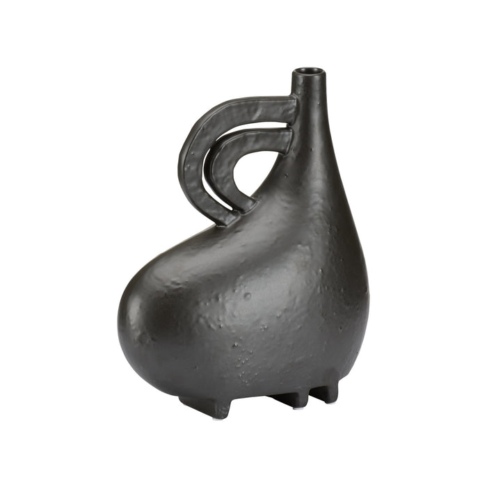 Black ceramic vase with unique design on a white background