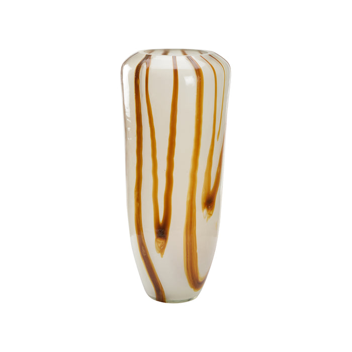 Tall cylindrical vase with brown and white striped pattern on a white background