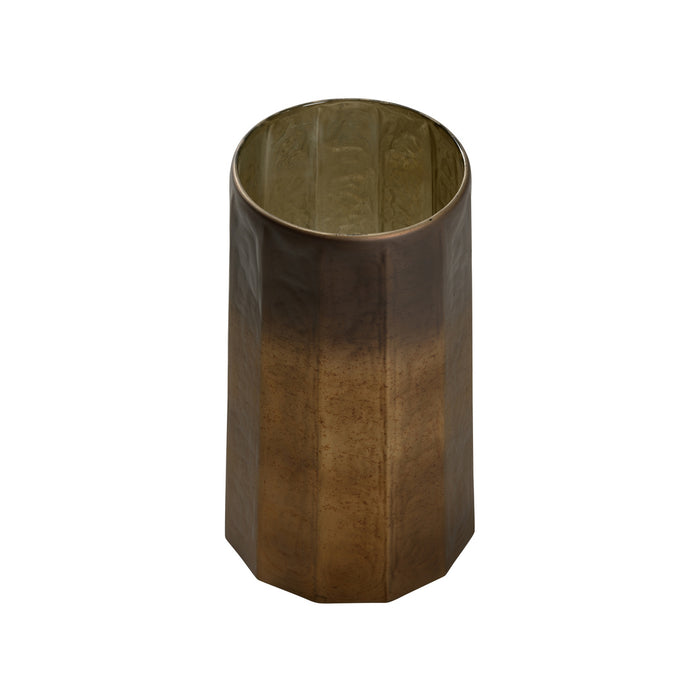 Bronze-colored cylindrical vase with geometric design on a white background