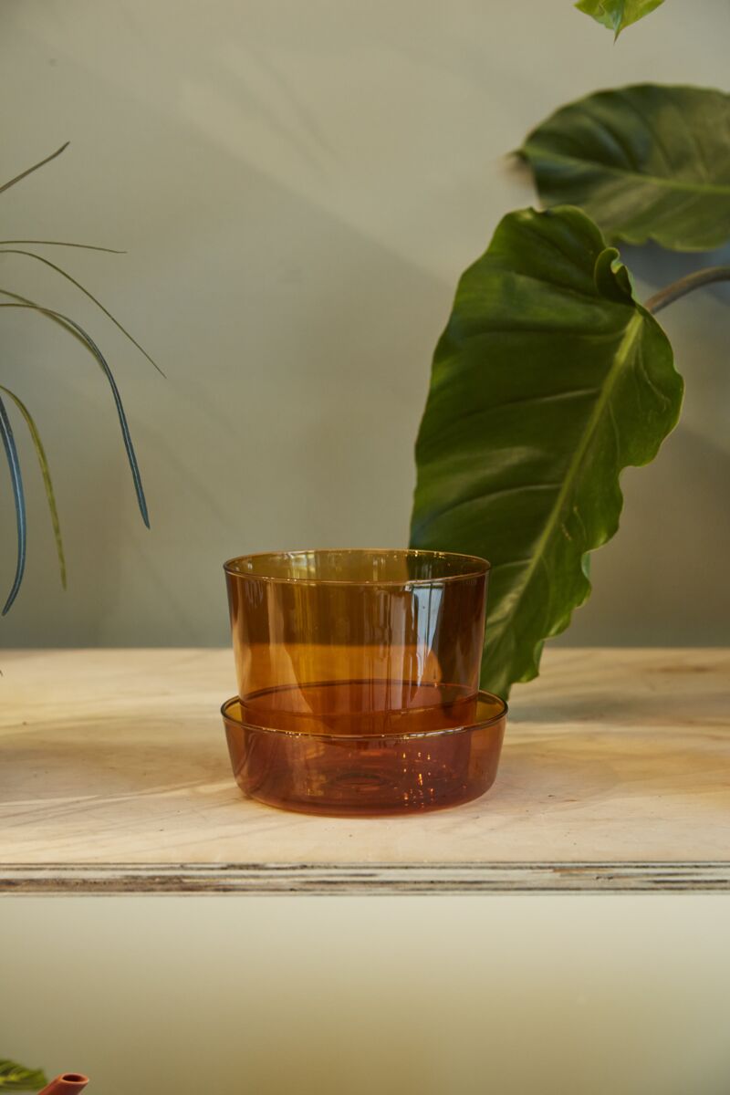 Design Shop Amber Glass Pot with Saucer, 6.25" X 5".