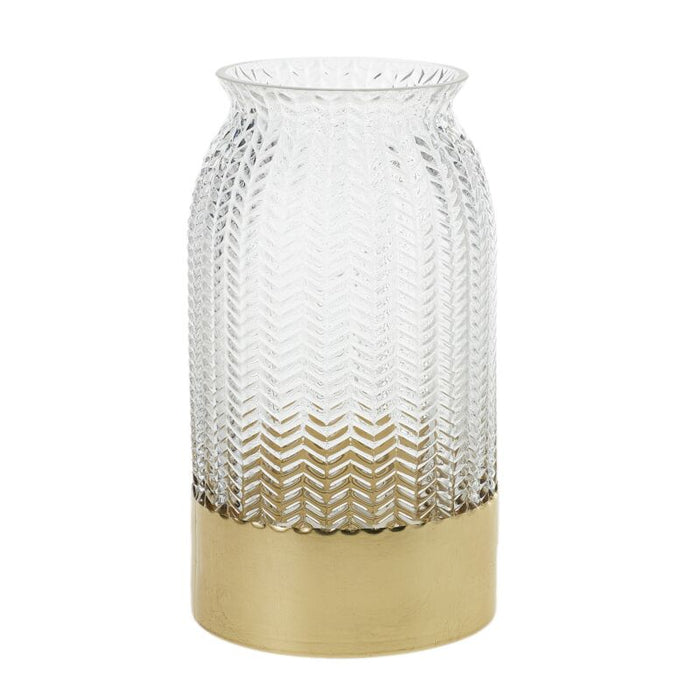 Clear textured glass vase with a gold metallic base; herringbone pattern on transparent body, wide rim, neutral background.