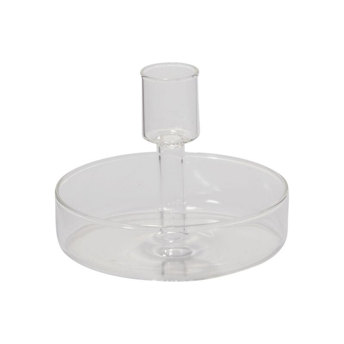 Clear glass candle holder with a cylindrical design on a white background
