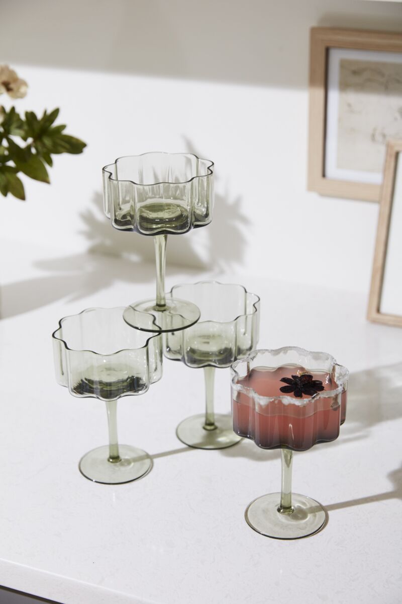 Design Shop Green Floret Drinkware Coupe, 3.75" X 5.75", Set of 4.