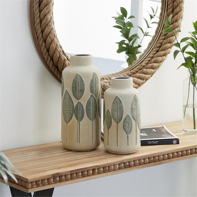 Design Shop  14 inch Beige Ceramic Leaf Vase