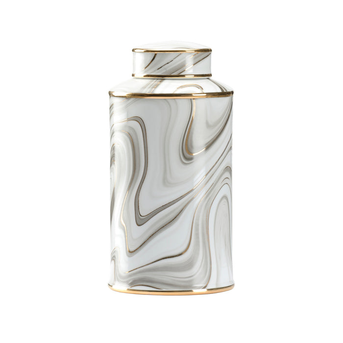 Marble-patterned jar with gold accents on a white background
