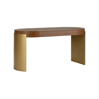 Wooden desk with gold legs on a white background
