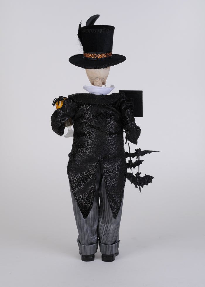 Mannequin wearing a black and gray Halloween costume with a top hat on a white background