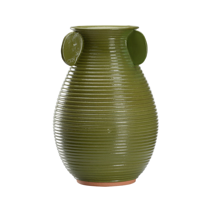 Green ribbed vase with circular handles on a white background