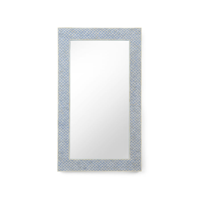 Rectangular mirror with a decorative blue frame on a white background