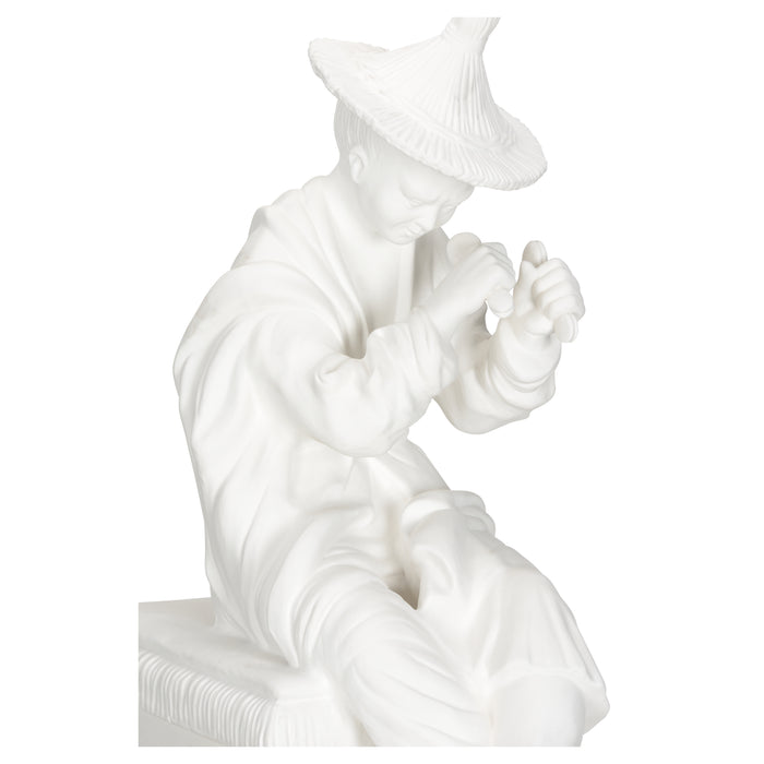 White marble sculpture of a figure on a white background
