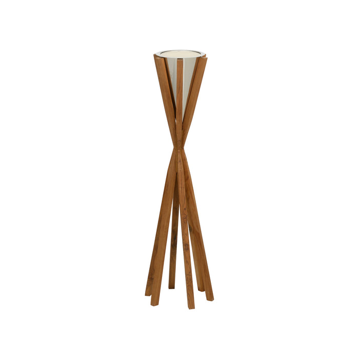 Wooden floor lamp with a cylindrical shade on a white background