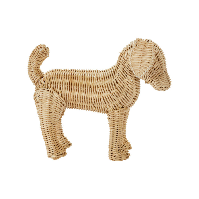 Woven dog-shaped object on a white background