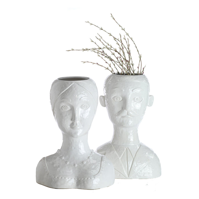 Abigails Vase, Male Head, White Glazed Ceramic
