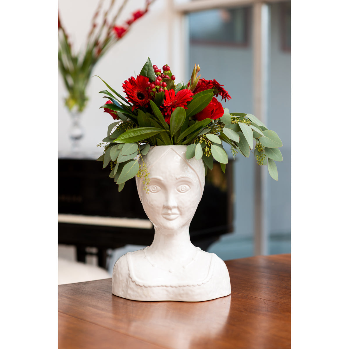 Abigails Vase, Female Head, White Glazed Ceramic